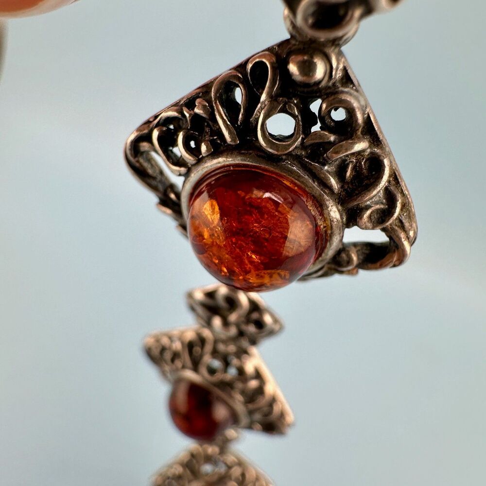 Vintage Sterling Silver Amber Bracelet Diamond Shape Filigree Floral Link Signed - Picture 16 of 16